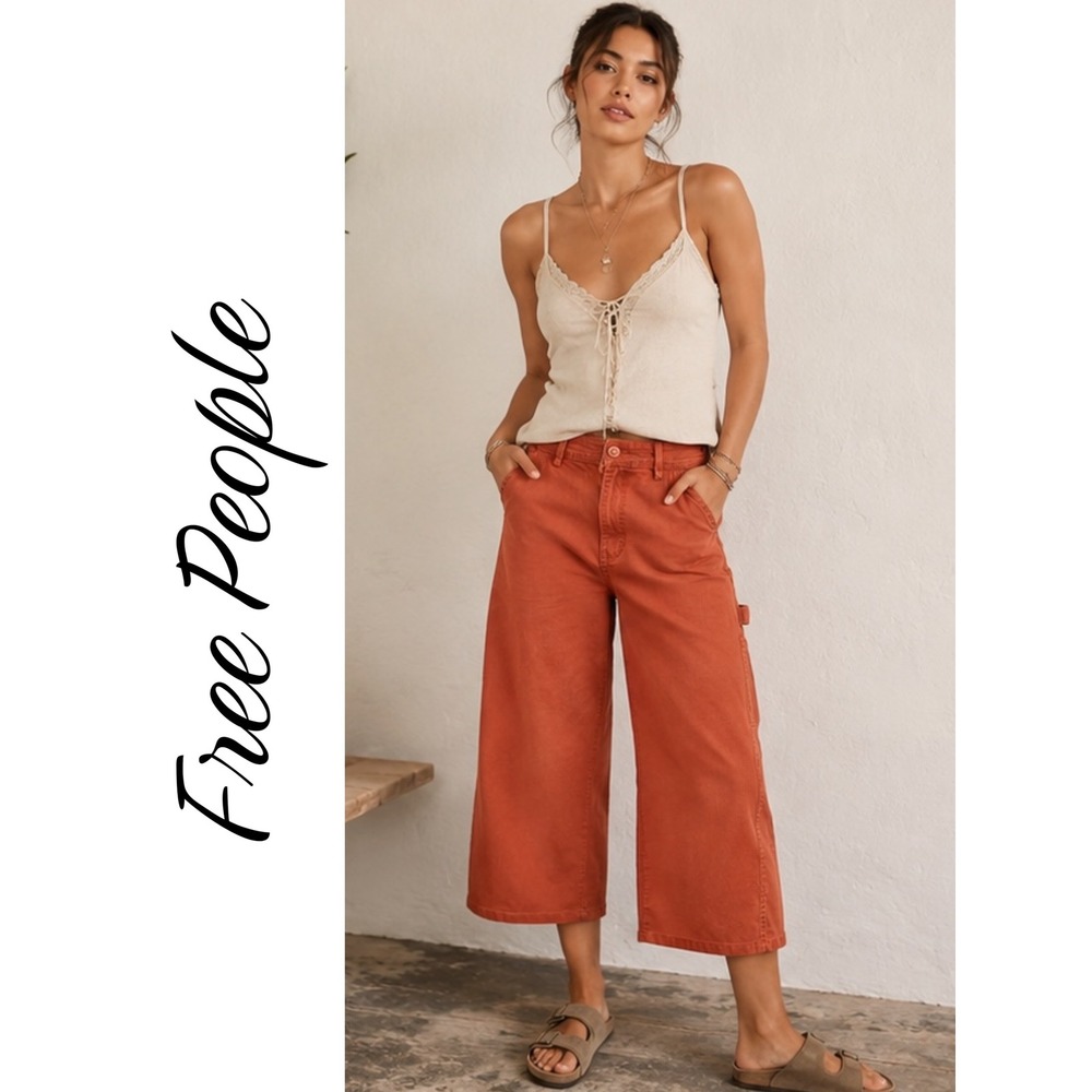 Free People Cropped Wide Leg Carpenter Pants Rust Orange Size 6 Utility Summer